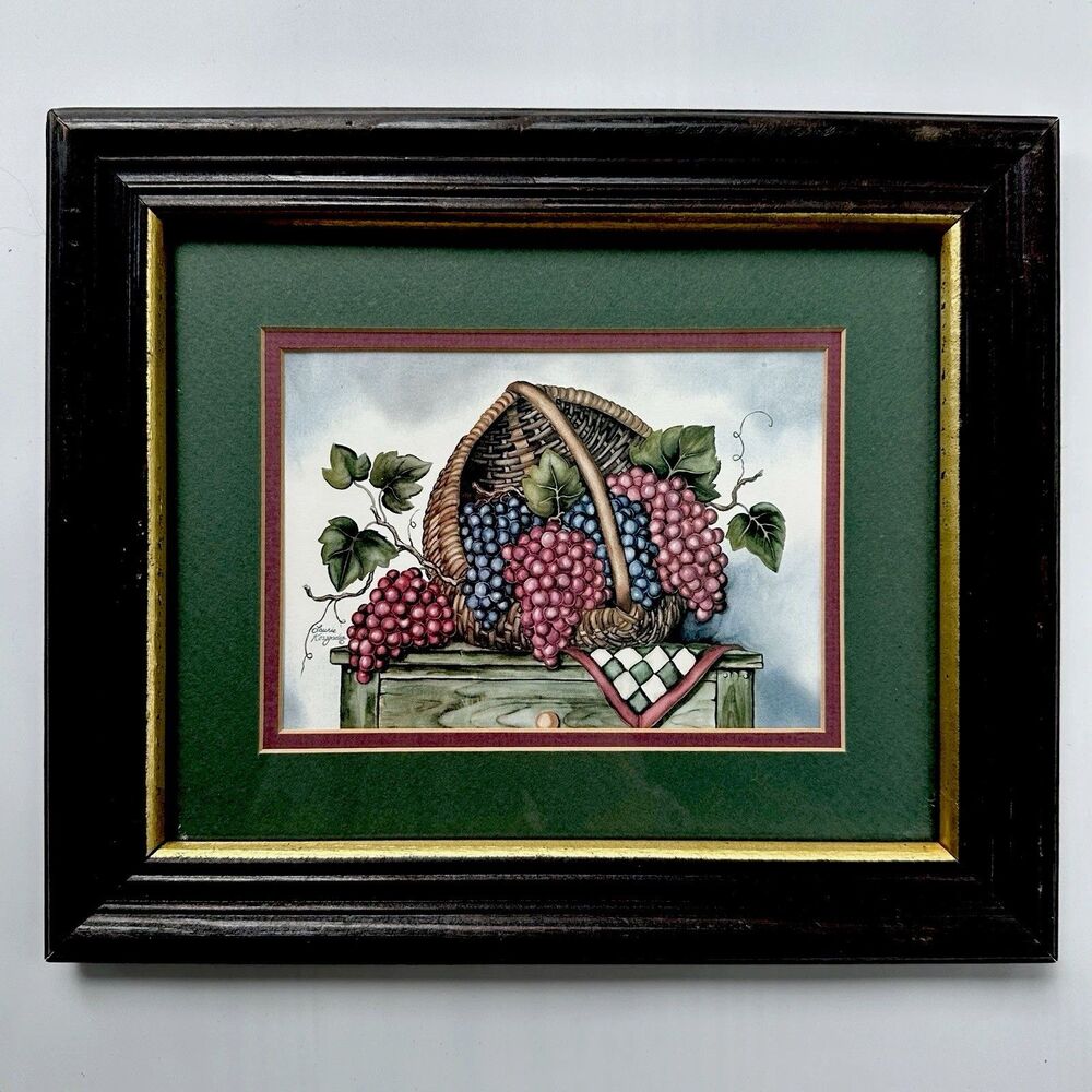 Laurie Korsgaden Country Basket Grapes Framed Print Folk Art Wine Cellar Kitchen